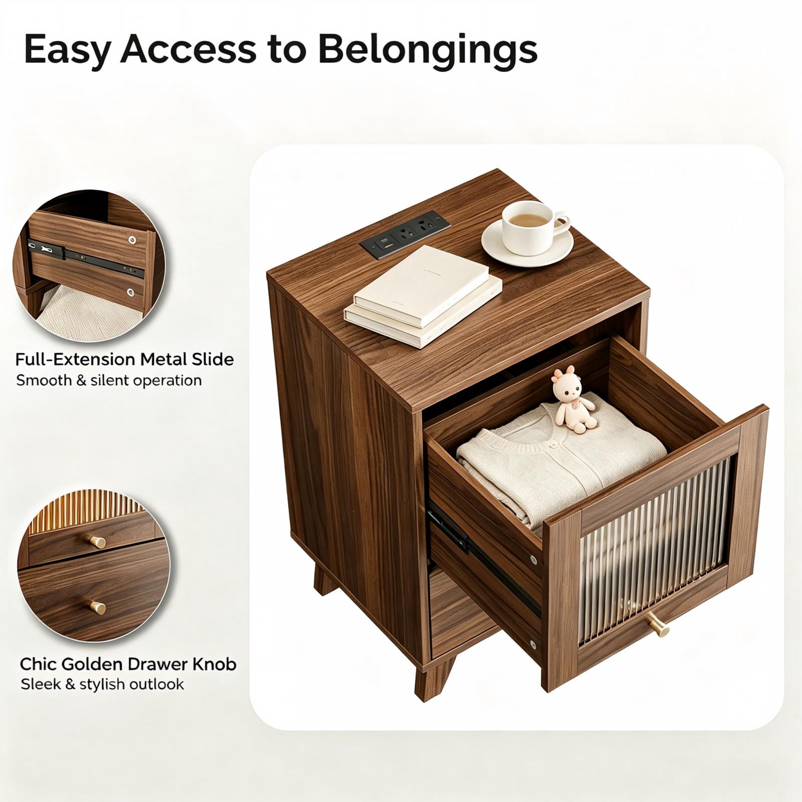 2-Drawer Bedside Table with Frosted Glass, Socket, and 16-Color Light, Walnut, 15.75 x 13.74 x 24.6 in