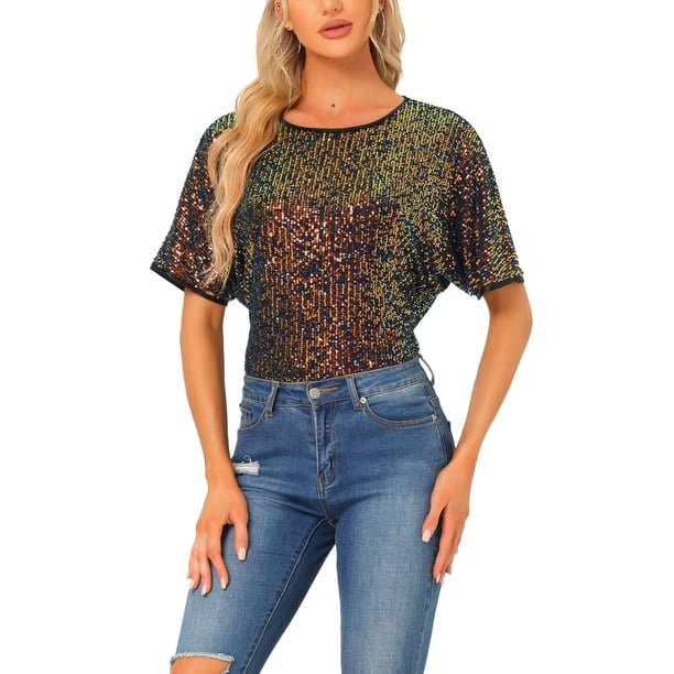 Camisa de lentejuelas INSPIRE CHIC para mujer, blusa brillante de manga dolman oversize, L multicolor