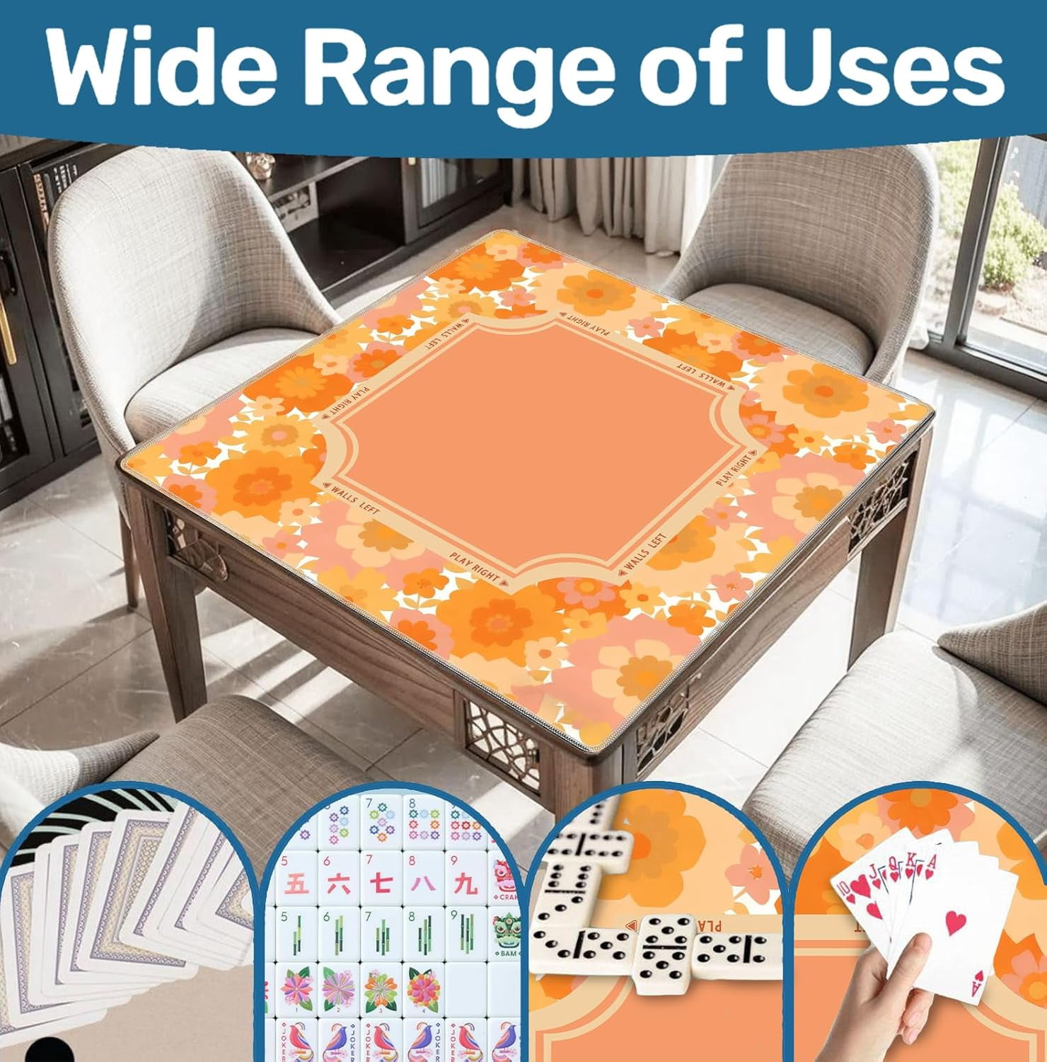 Orange and Yellow Boho Retro Floral Mahjong Mat 31.5x31.5 Inch, Non-Slip and Noise Reduction Mah Jong Table Mat Cover Gifts for Mahjong Lovers Poker Board Games Dominoes