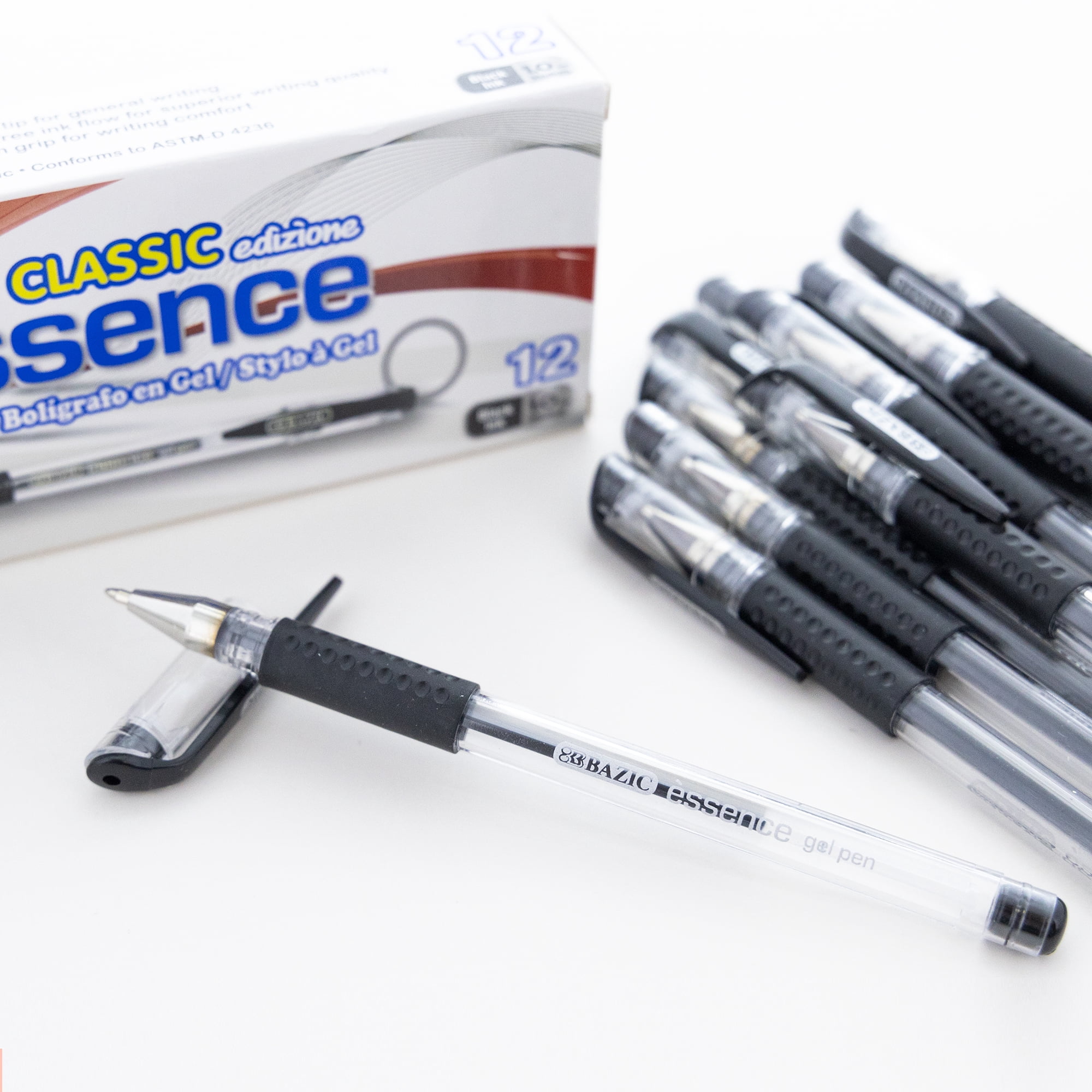 BAZIC Essence Gel Pen, Medium Point 1.0mm Black Pen, Comfort Grip, 12 Count, 4-Packs