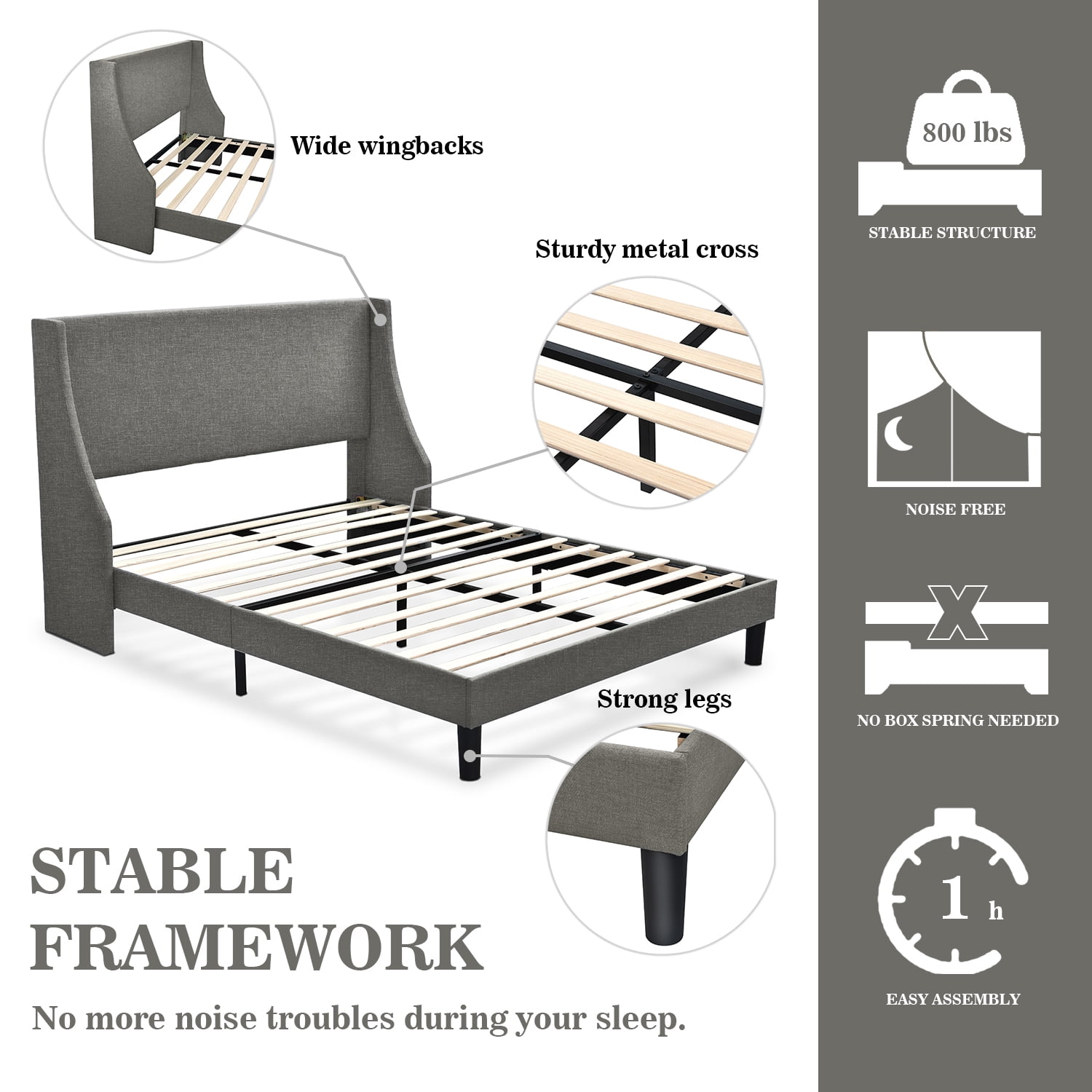 Allewie Full Size Fabric Upholstered Platform Bed Frame with Wingback Headboard, Light Grey