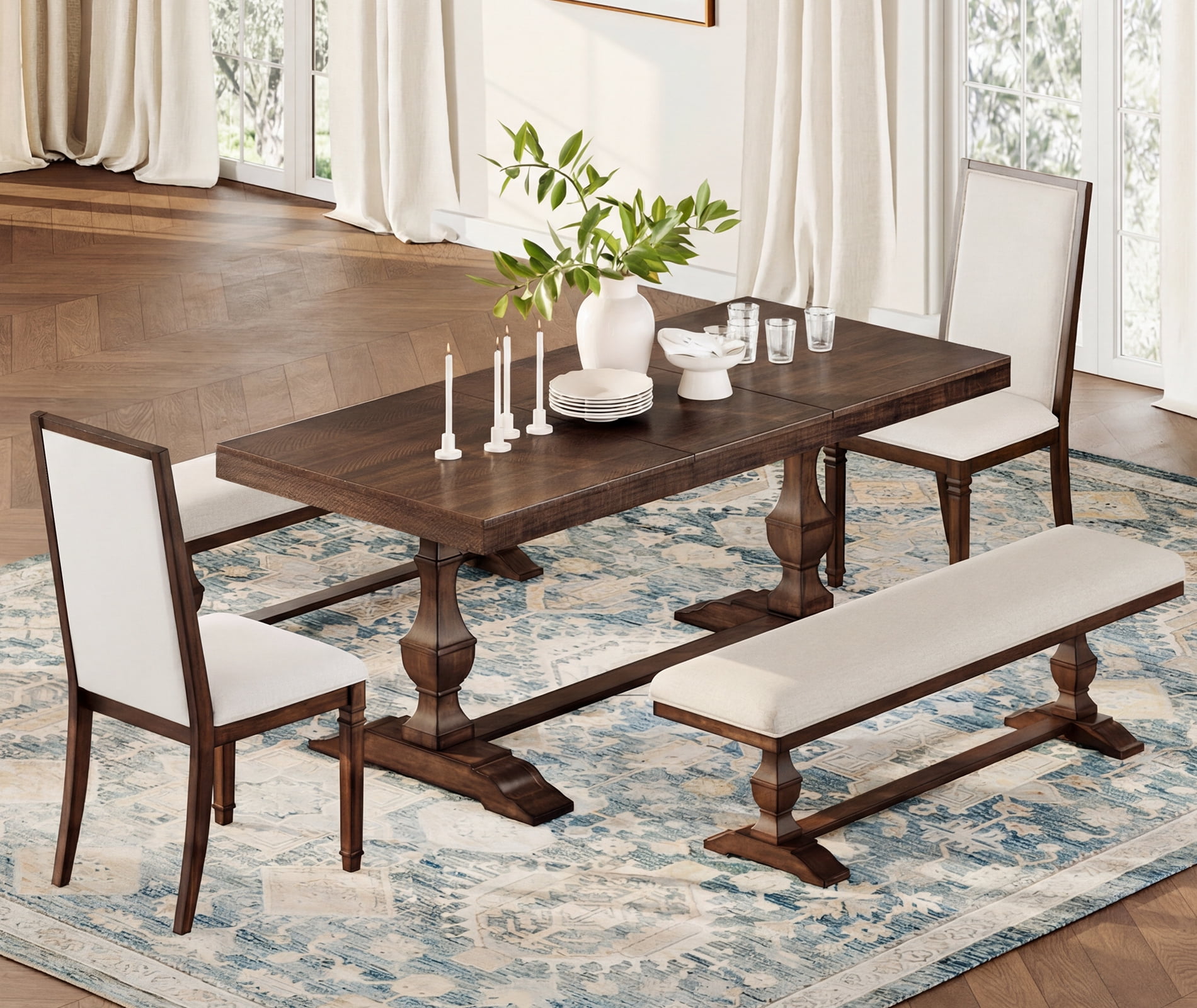WAMPAT 5-pieces Farmhouse Dinning Table,74.8" Kitchen Table Set with 2 Benches and 2 Chairs for 6-8,Solid Wood Legs and Cushion Seat for Kitchen & Living Room,Rustic Brown