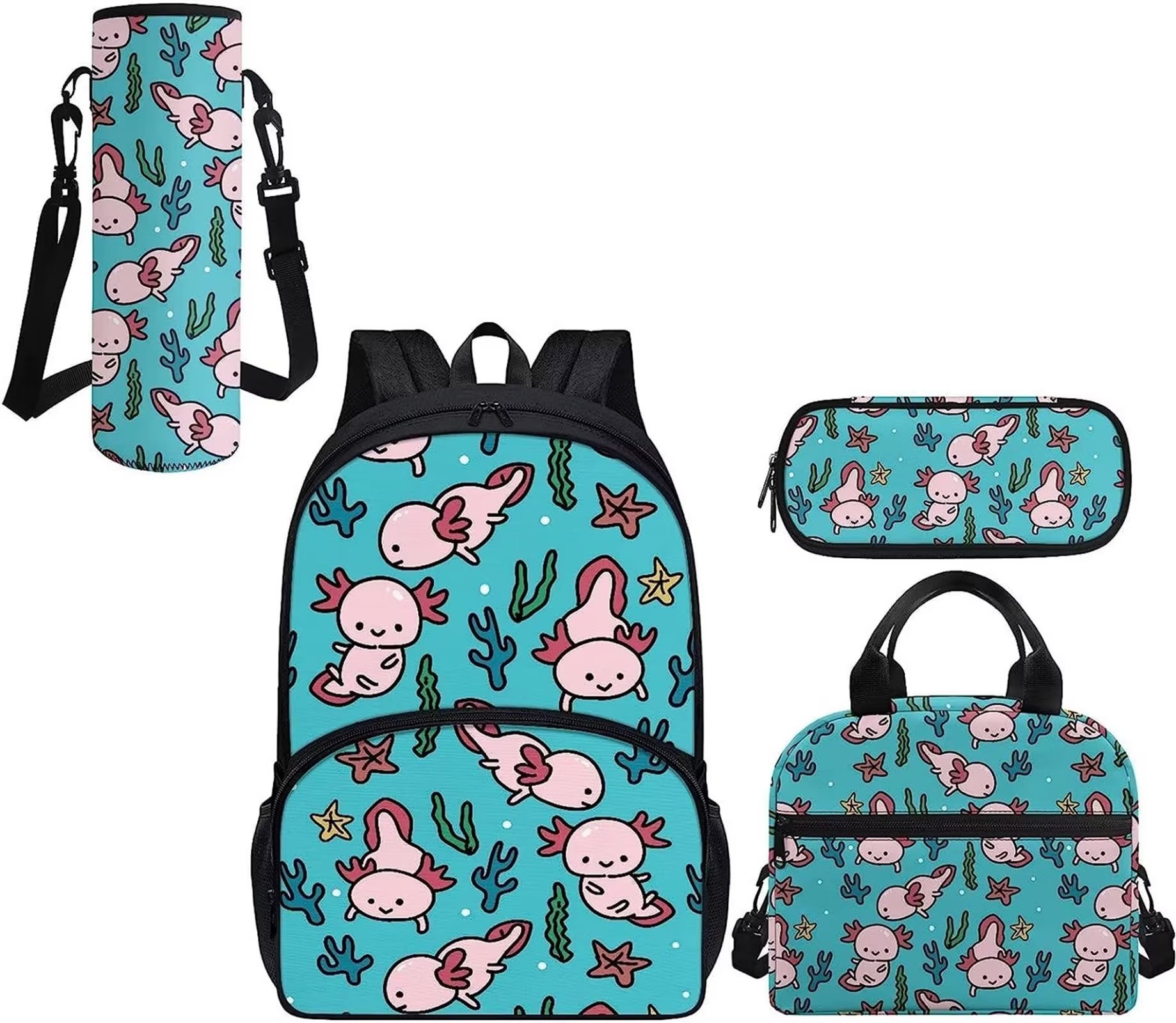 Pzuqiu Axolotl School Bag and Lunch Box Set for Girls Boys Elementary