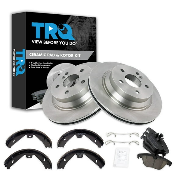 TRQ Rear Brake Pad & Rotor Kit Brake Pads Brake Rotor Parking Brake Shoe Set Ceramic Fits Select 2013-2014 Mercedes-Benz E350 2013-2015 GLK350