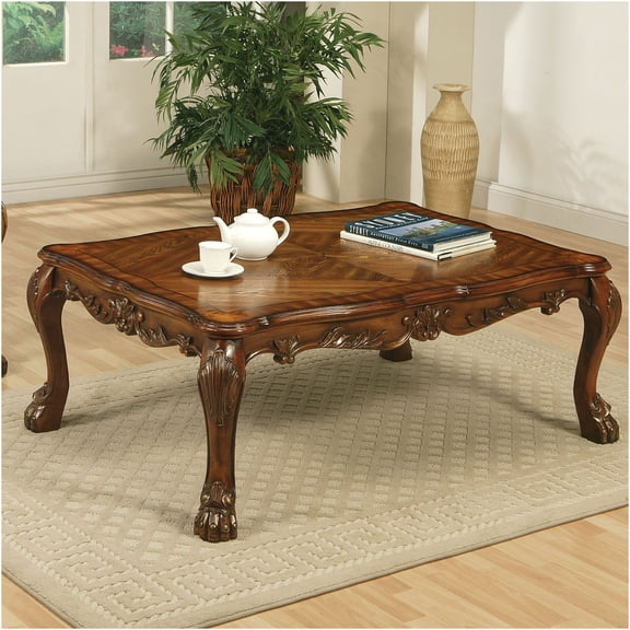 JERFIT Vintage Cherry Oak Coffee Table with Claw Feet, Solid Wood Farmhouse Center Table for Living Room