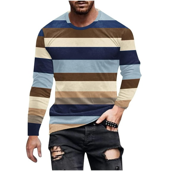 ZUKMRJPC Men's Cotton T-Shirts Lightweight Long Sleeve Fashion Rainbow Stripe Printed Sweatshirts Casual Loose Fit Pullover Tops