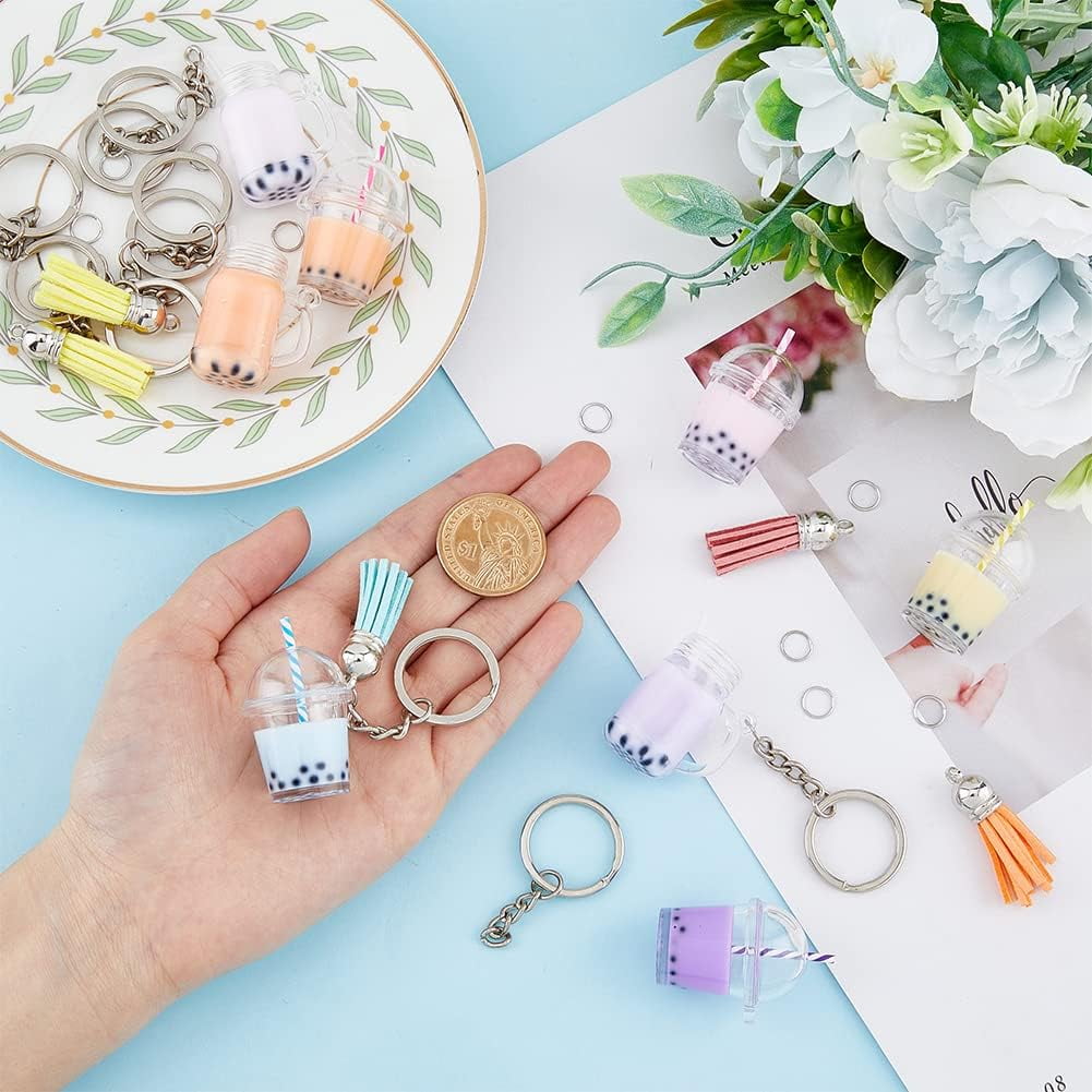 NOBRAND 204pcs Mini Milky Tea Keychain Accessories Bubble Tea Cream Glue Casting Kit Mini Cup Pendant Charms with Keychain Rings Tassels Bubbles Straws for