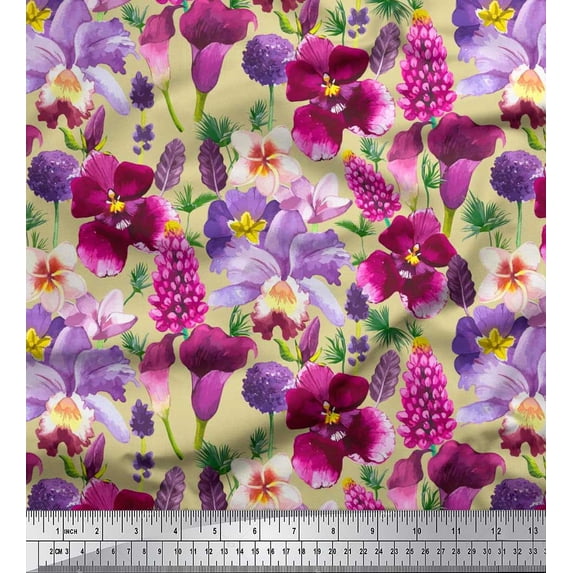 Soimoi Beige Japan Crepe Satin Fabric Pink & Purple Floral Watercolor Printed Fabric 1 Yard 42 Inch Wide