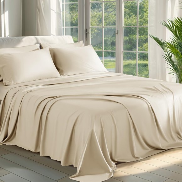 Shilucheng 100% Viscose Derived from Bamboo_ Sheets King Size 6pcs - Ultra Cooling & Silky Soft Bed Sheets 16"" Deep Pocket Perfect for Hot Sleepers Hotel Bedding Sheets (Beige)