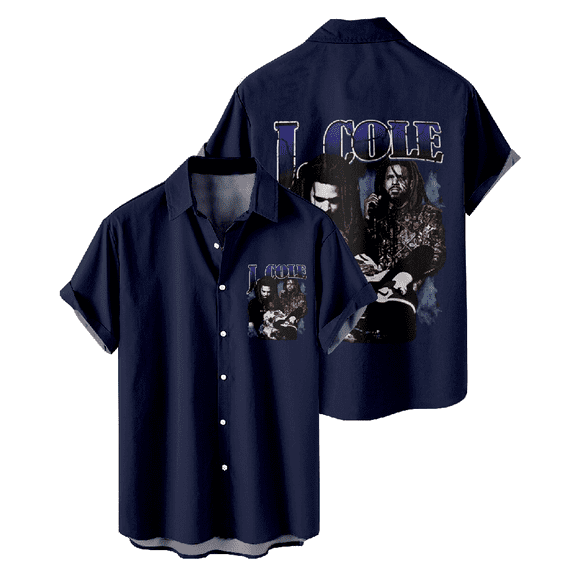 J Cole Rapper Turndown Collar Shirt Navy short sleeve shirt Flip collar T-shirt