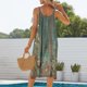 thumbnail image 3 of ICHUANYI Clearance Women Fashion Casual Solid Floral Printed Sleeveless Pocket Split Round-Neck Knee-High Dress Long Dress(Army Green, XXL) ICHUANYI WER2023081405196, 3 of 5