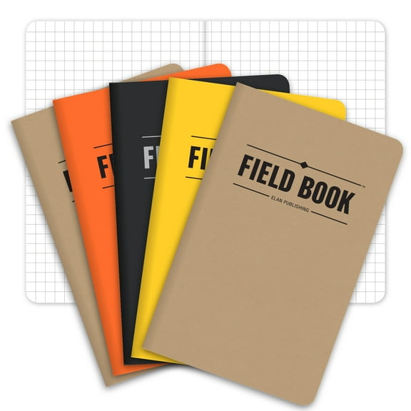 Elan Publishing Company Field Notebook  / Pocket Journal - 3.5"x5.5" - Combination of Kraft, Black, Orange, Yellow - Graph Memo Book - Pack of 5 - ELAN-FN-001E