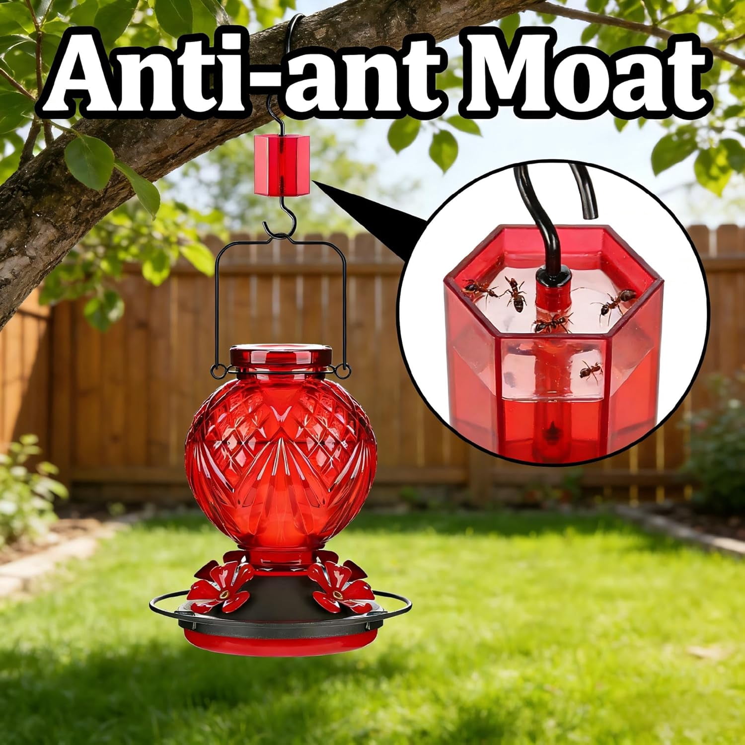 Glass Hummingbird Feeder for Outdoors Hanging, 20oz Bird Nectar Feeder with 4 Bee Guard Flower-Shaped Feeding Ports & Built-in Ant Moat, Easy to Clean, for Bird Lover,2 Pack,Red