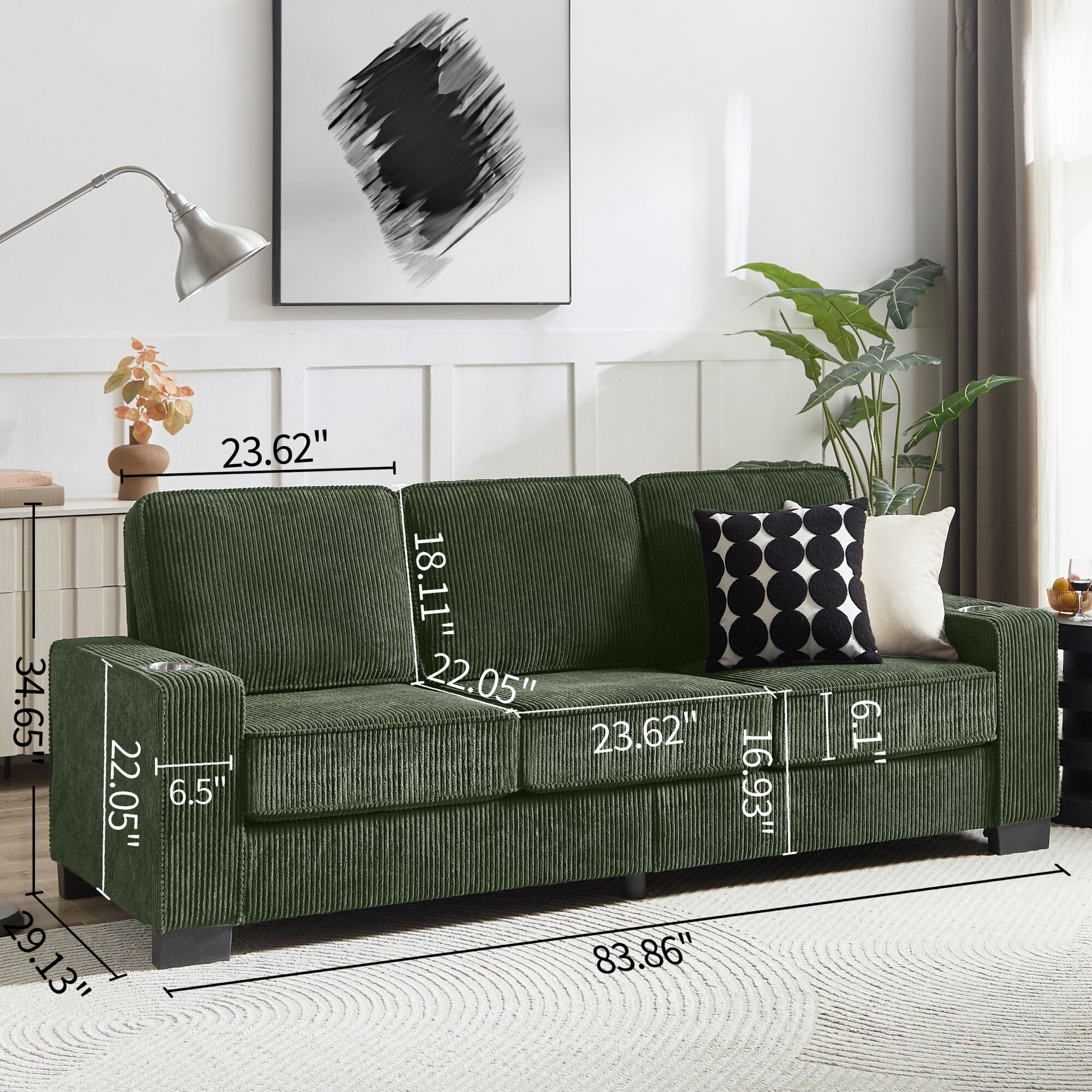 AENKYO 84" Modern Corduroy 3-Seater Sofa, Compressed Couch with Built-in Cup Holders & Washable Covers, Green