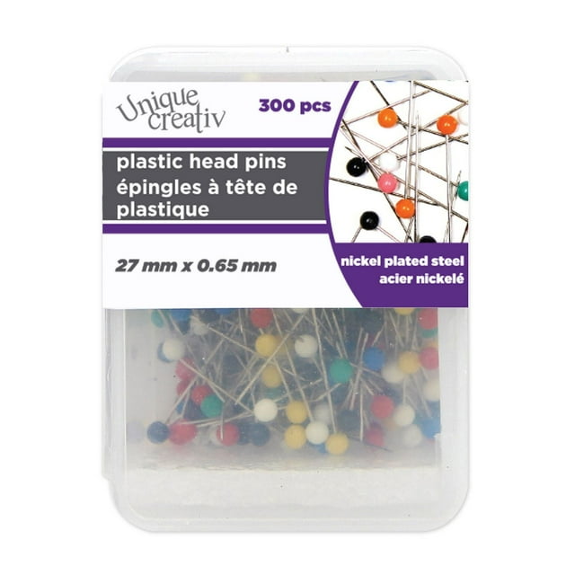 Épingles à tête en plastique UNIQUE CREATIV — Couleurs assorties, 27 mm × 0,65 mm, paquet de 300