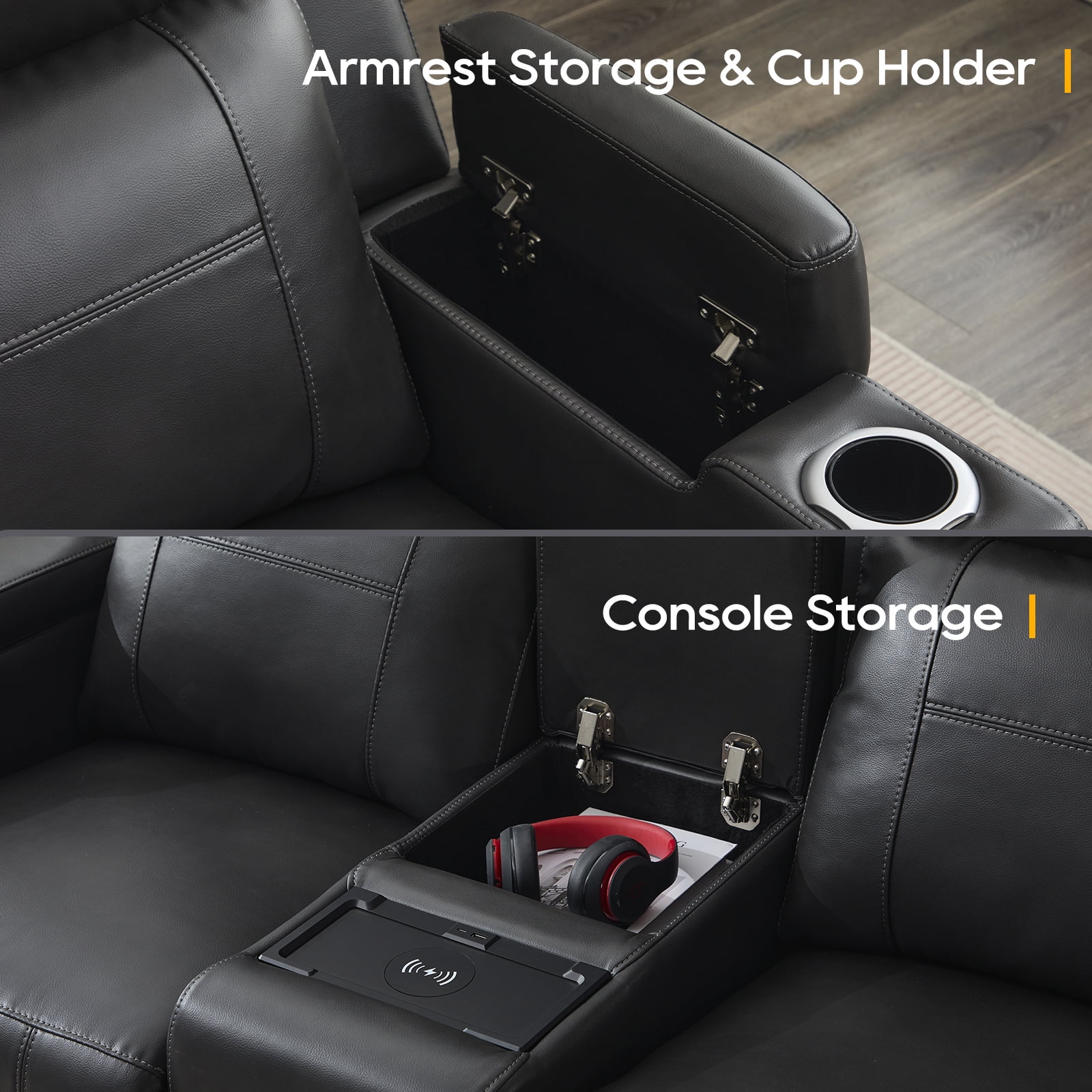 Power Loveseat Recliner Sofa, Home Theater Seating with Adjustable Headrest, Blue LED Lighting, Reclining Loveseat, Storage, Cup Holder, USB, Wireless Charging