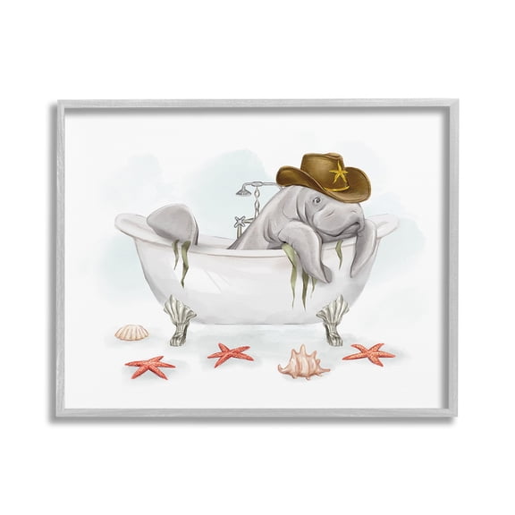 Stupell Industries Cowboy Manatee in Tub Animals & Insects Painting Gray Framed Art Print Wall Art, 20 x 16