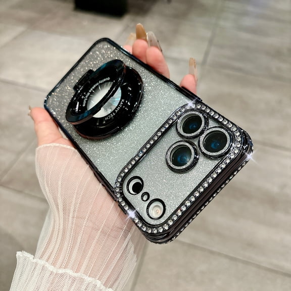 for iPhone 17 Pro Luxury Case, Magnetic Gradient Glitter Paper Ring Bracket Diamond Shockproof Protective Plating TPU Wireless Charging Phone Case Cover for iPhone 17 Pro, Black