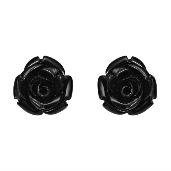AeraVida Pretty Carved Blooming Black Rose .925 Silver Stud Earrings