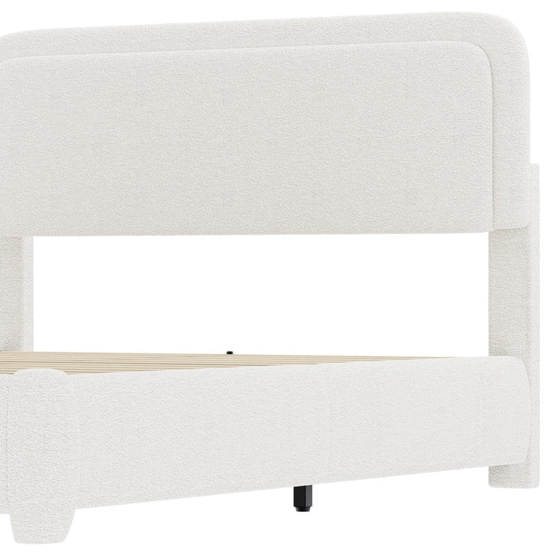 Queen Size Boucle Upholstered Bed Frame with Adjustable Height Headboard, Low-Profile Platform Bed with Mattress Anti-Slip Holder