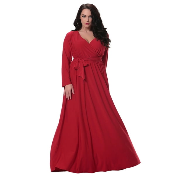 Capreze Ladies Long Dress Sleeve Maxi Dresses Plus Size Swing V Neck Wine  Red 2XL 