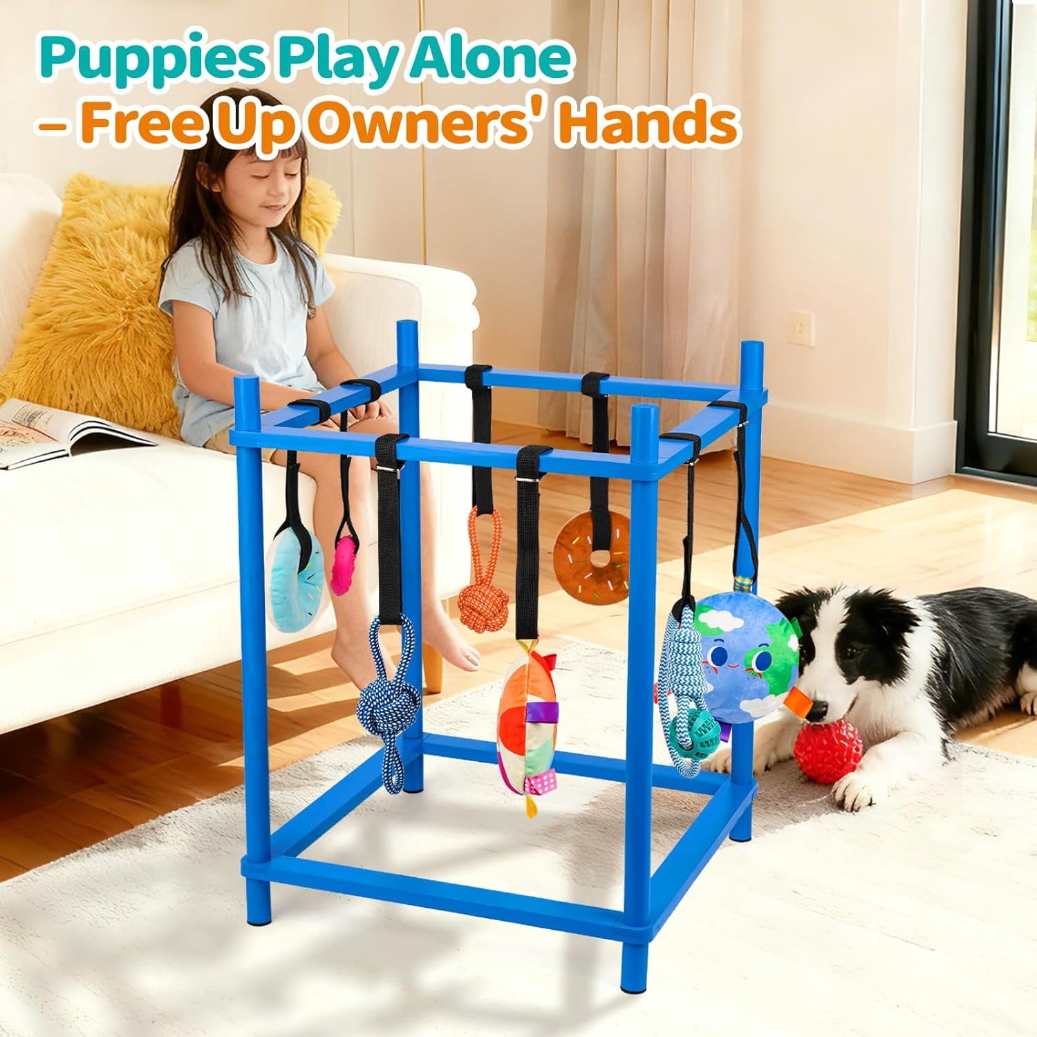 Wooden Puppy Play Gym for Small Dogs, Puppy Jungle Gym with 8 Hanging Toys, Wood Frame Indoor Puppy Gym with Dog Enrichment Toys for Puppies and Small Pets