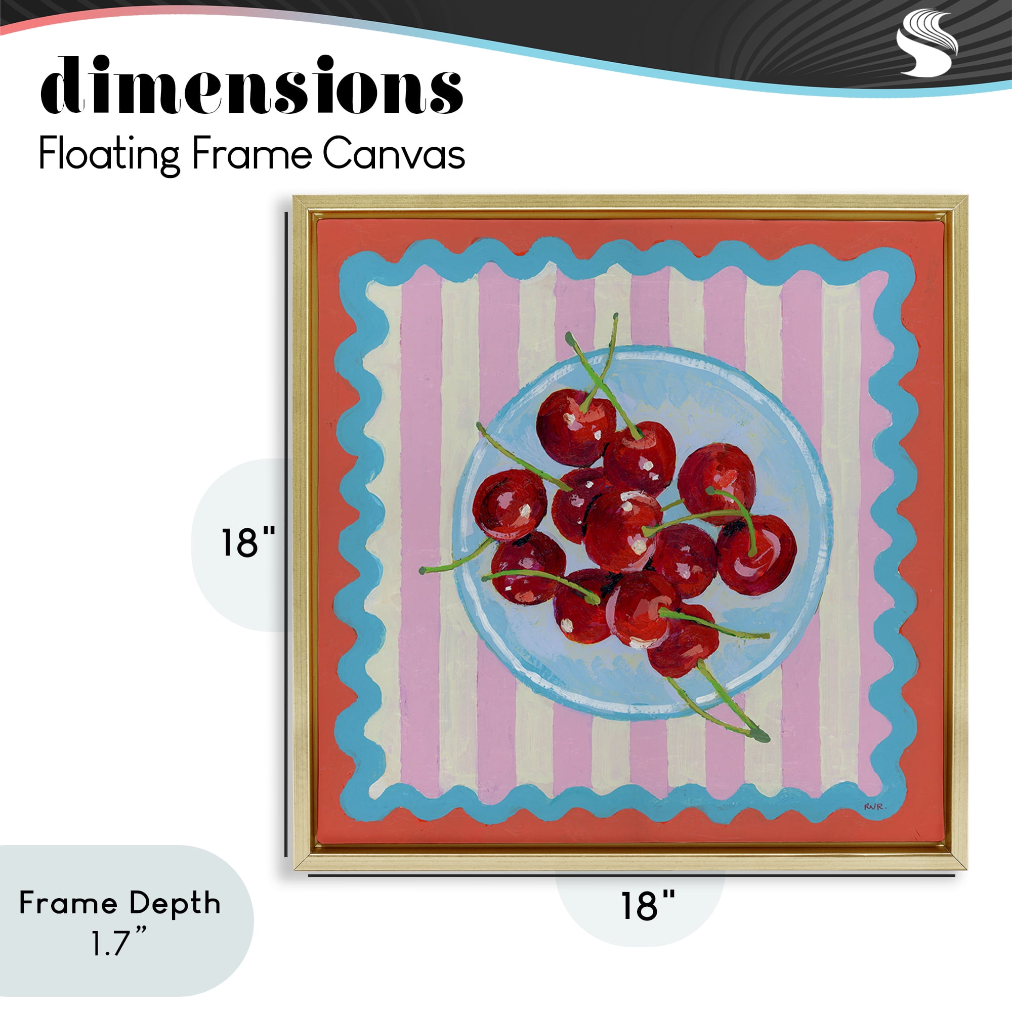 Stupell Industries Red Cherries over Pink Stripes Gold Framed Floater Canvas Wall Art, design by Rachael Reese