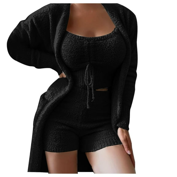yievot Women Fuzzy 3 Piece Outfit Pajamas Loungewear Sherpa Cardigan Outwear Sleeveless Crop Tops Shorts Nightwear Set