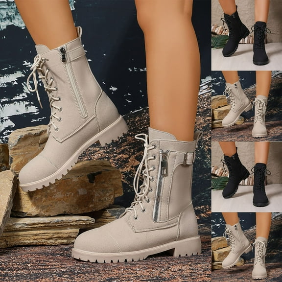 Miluxas Women Ankle Boots Autumn and Winter Fashion Solid Color Lace up Comfortable Round Toe Womens Slip on Boots Casual White 9.5(43)