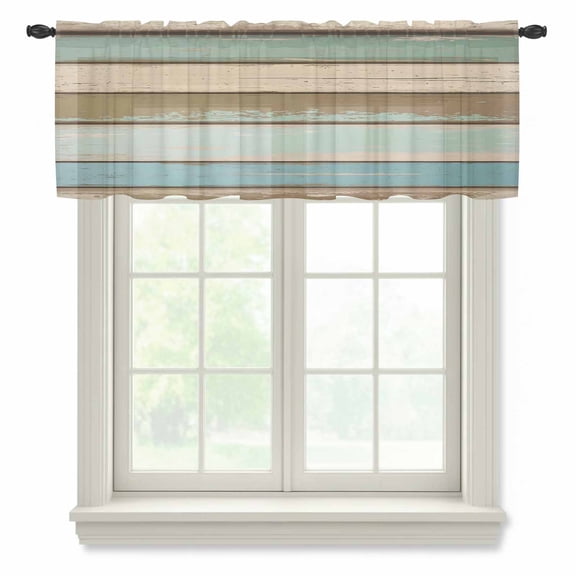 Green Blue Brown Farmhouse Valance Curtains for Kitchen/Living Room/Bathroom/Bedroom Window, Rod Pocket Small Topper Half Short Window Curtains Voile Sheer Scarf, Vintage Wood 42"x12"