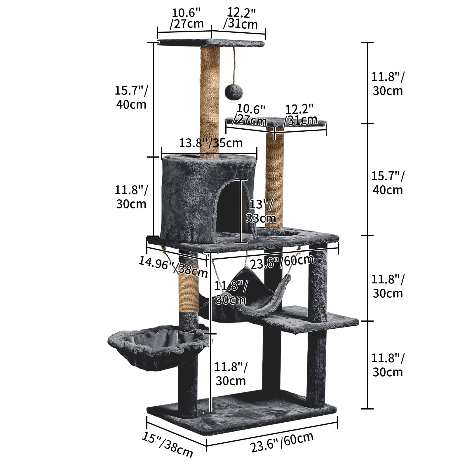 ZephyPaws 54in Large Multi-Level Cat Tree,Tall with Sisal Scratching Posts,Perch,Condo for Large Adult Cats,Gray