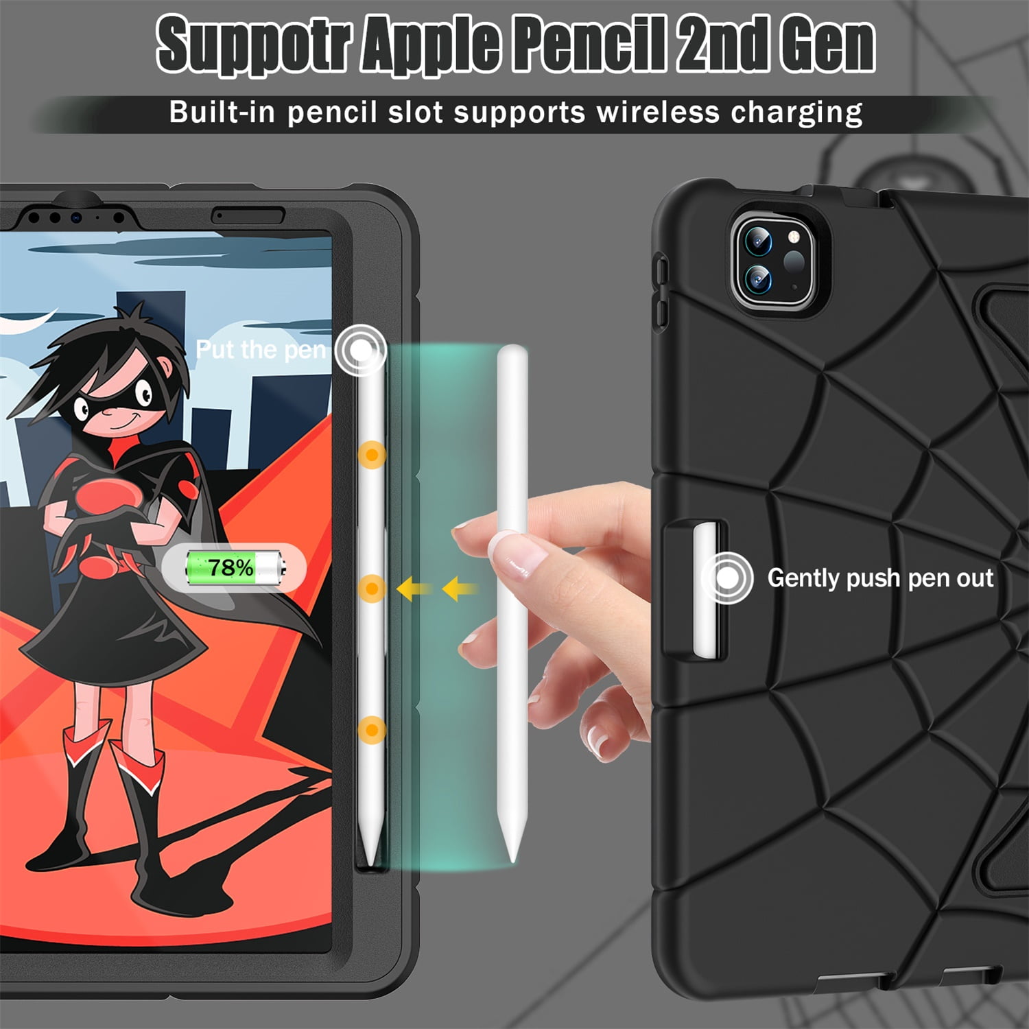 Kids Case for iPad 9th/8th/7th Generation with Pencil Holder, Lightweight Shockproof Stand Anti-Slip Rugged Silicone PC Case Cover for iPad 10.2" 2021/2020/2019 for Boys Girls, Black