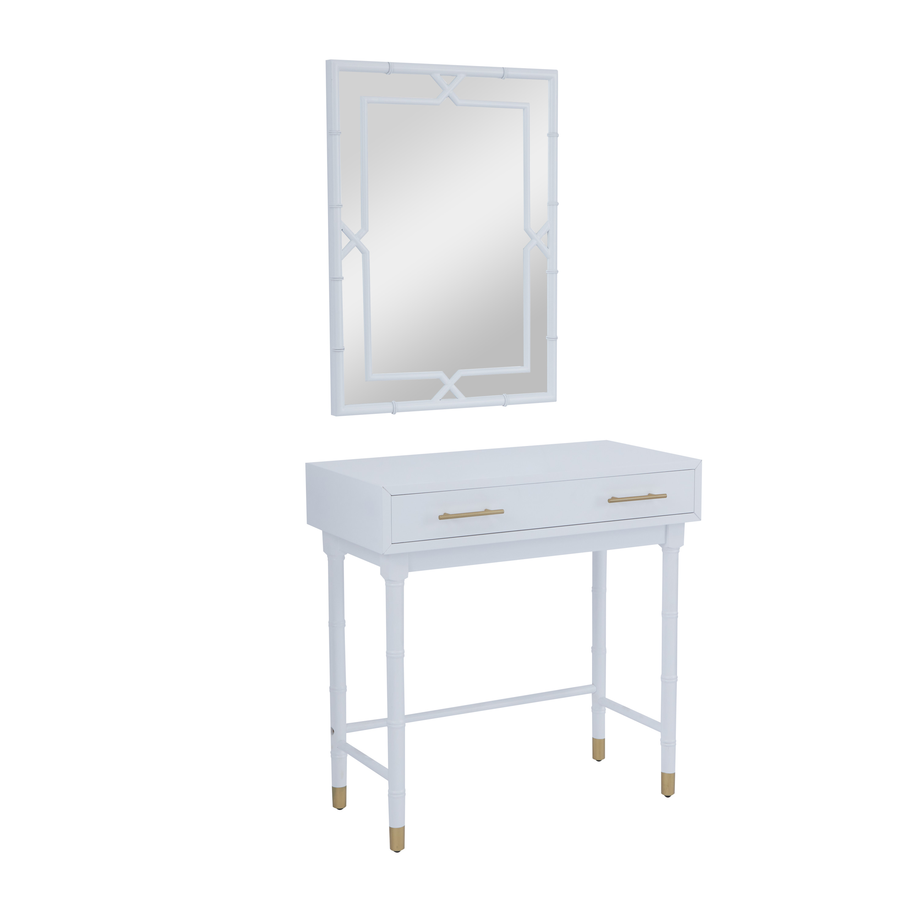 DecMode 31" x 31" White Wood Single Drawer Console Table with Mirror, 2-Pieces