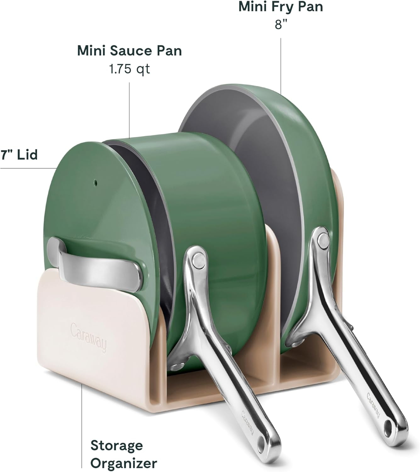 Caraway Mini Cookware Set - Non-Stick Ceramic Fry Pan (1.05 qt, 8") Sauce Pan (1.75 qt) & Storage Rack - Oven Safe & Stovetop Agnostic (Gas, Electric & Induction) - Sage