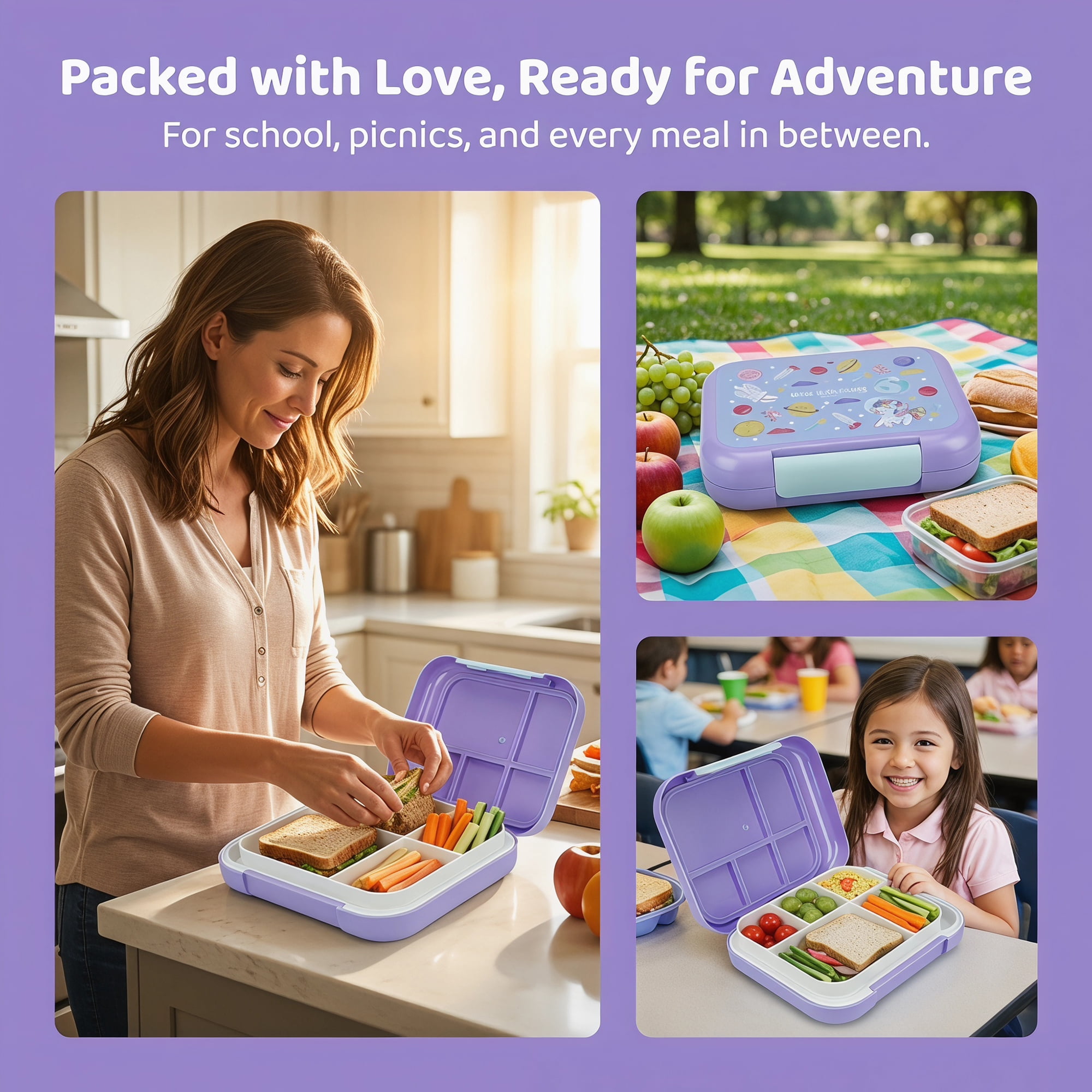 Unique Bargains 3-Compartment Leak-Proof Meal Lunch Bento Box Purple