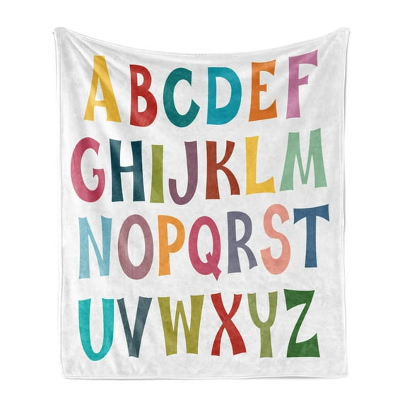 Alphabet Soft Flannel Fleece Throw Blanket, Simple Colorful Letters Print on Plain Background, Cozy Plush for Indoor and Outdoor Use, 50" x 70", White Multicolor, by Ambesonne
