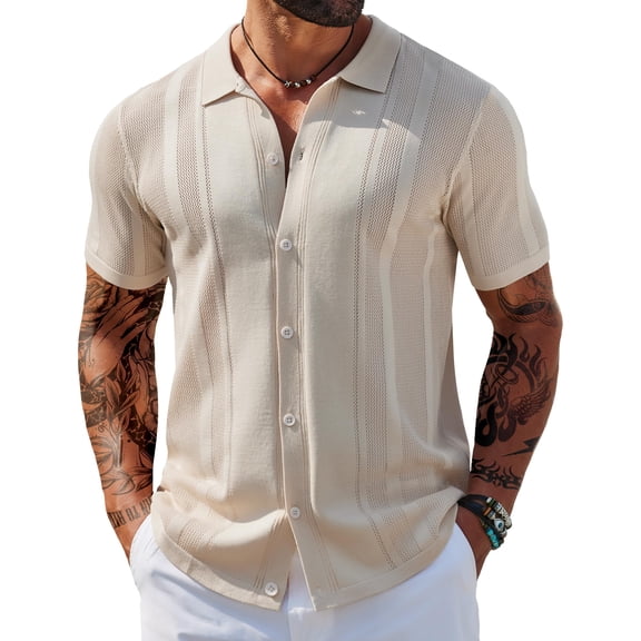 COOFANDY Men's Short Sleeve Knit Shirt Casual Button Down Shirt Vintage Knitted Polo Golf Beach Tops