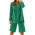 thumbnail image 3 of Jinhomg Two Piece Shorts Set for Women Cotton Linen Long Sleeve Shirts And Wide Leg Shorts Holiday Casual Tracksuits Green,XXXXL, 3 of 7