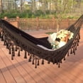 thumbnail image 4 of TOPCHANCES Hammock Hanging Swing Handmade Boho Large Brazilian Macrame Fringe 2 Person Hammock Swing Net Chair for Indoor Outdoor Patio Yard Garden, Black, 200x150cm, 4 of 8