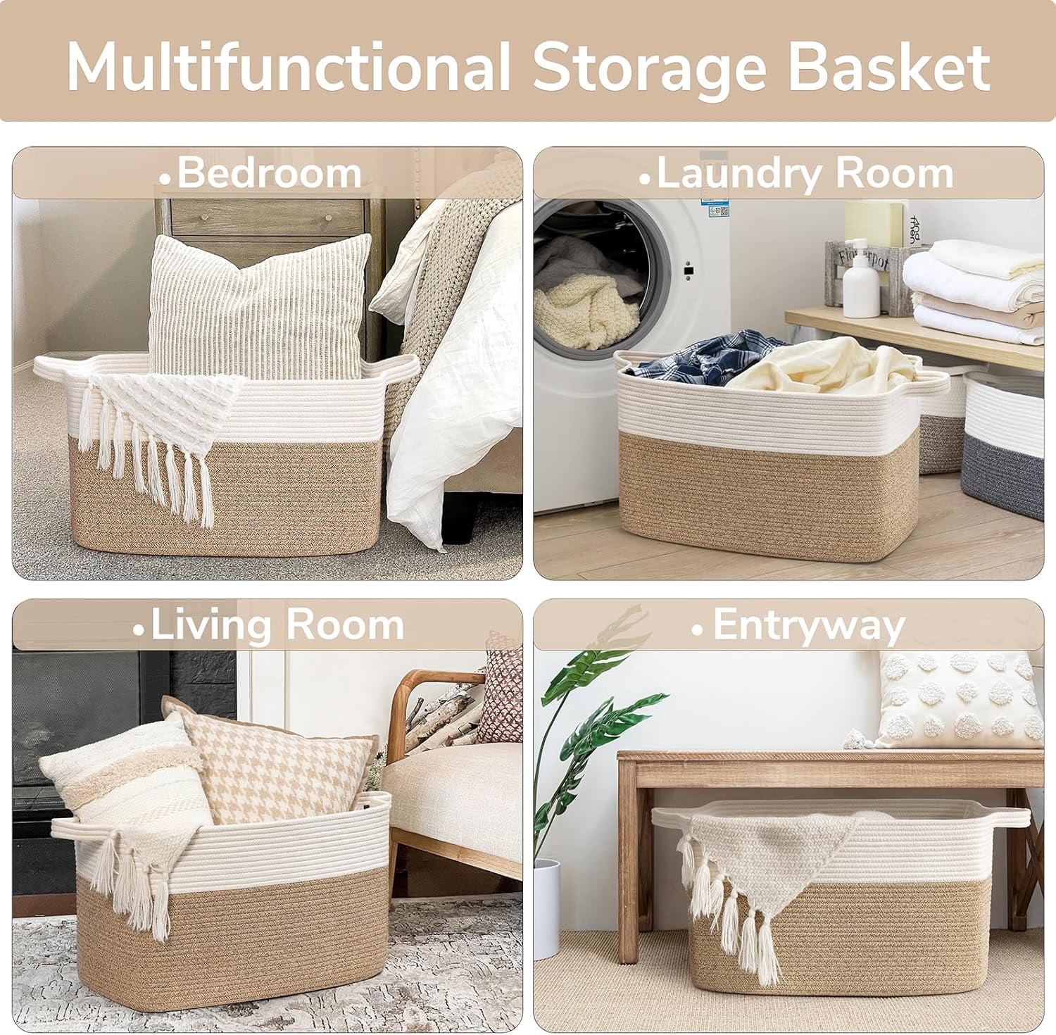 Large Rectangular Woven Cotton Rope Basket 21.6×14.9×11.8 in White Brown Storage Bin for Blankets Toys Bedroom Living Room