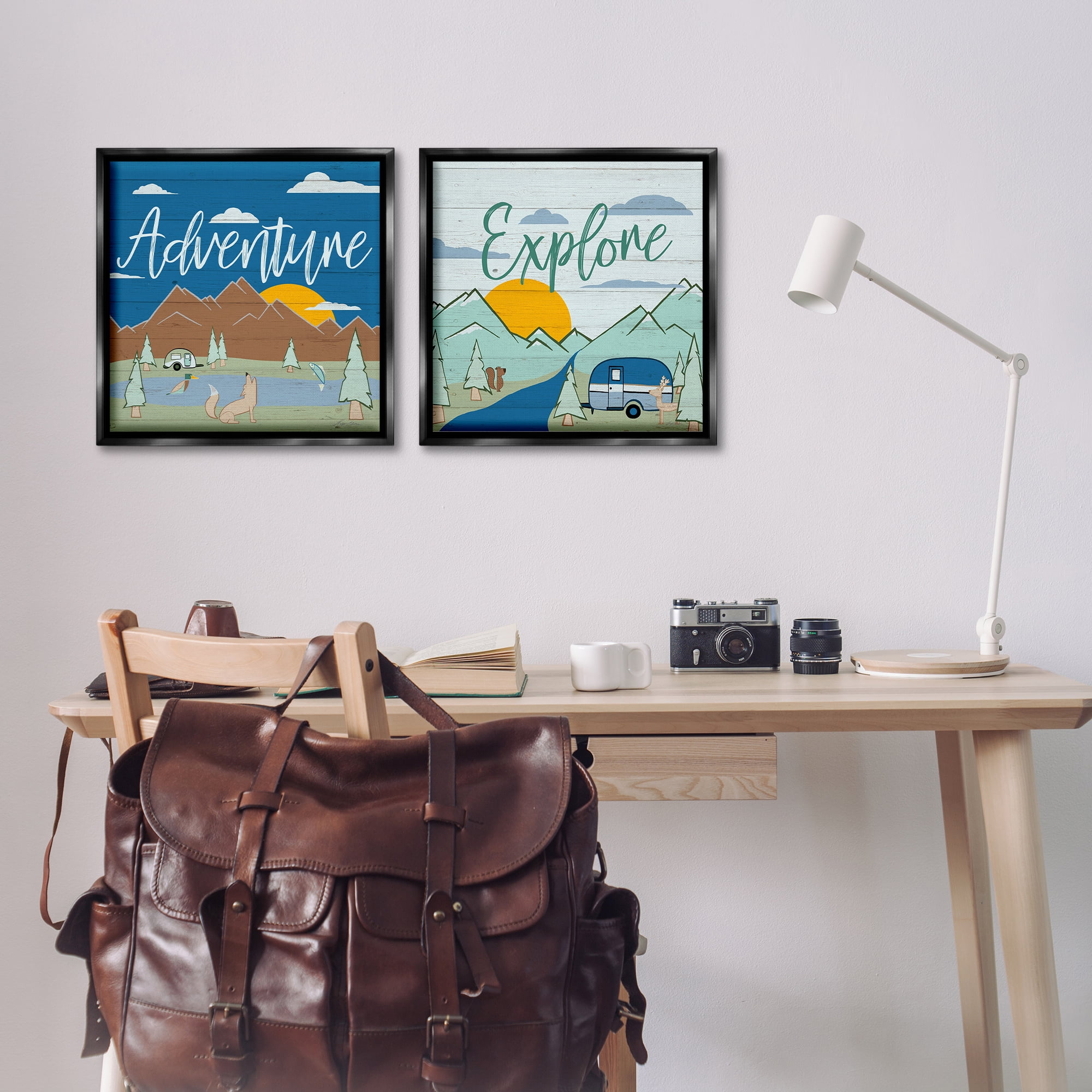 Stupell Industries Adventure Explore Camping Landscape & Nature Painting Black Floater Framed Canvas Art Print Wall Art, 18 x 18, Set of 2