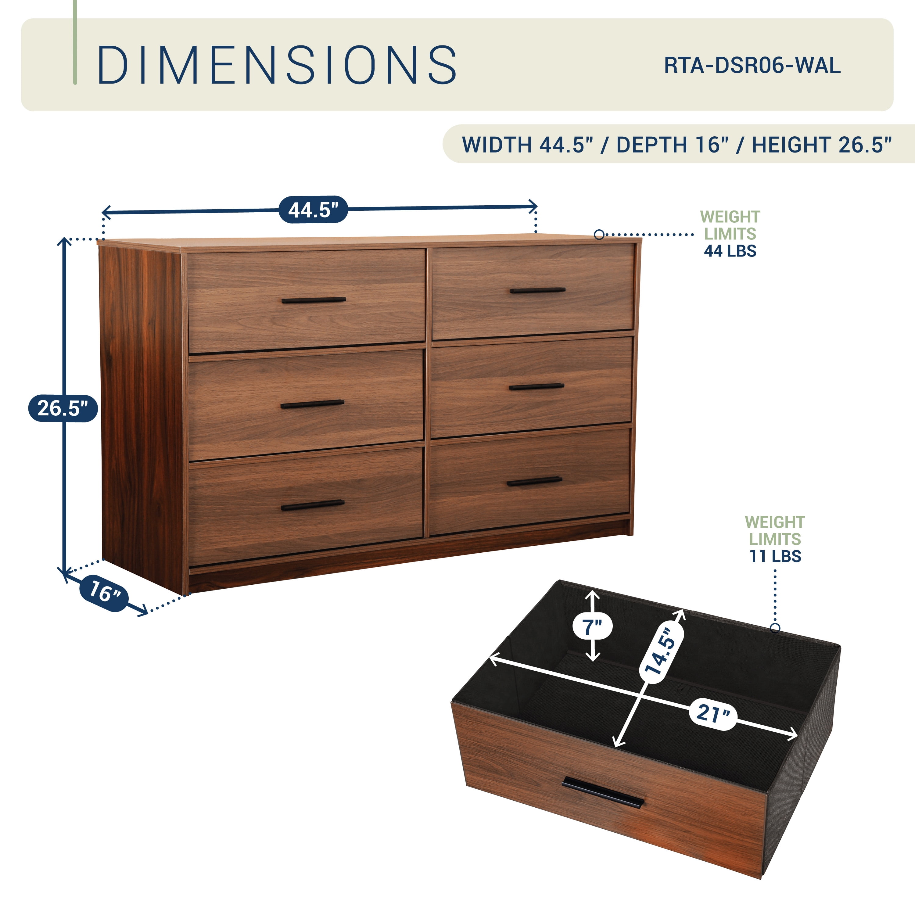 6-Drawer Dresser with Extra Large Fabric Bins, Wood Frame Storage Organizer for Bedroom, Living Room, or Hallway, Versatile Design Doubles as a TV Stand, Ideal for Home Organization, Walnut