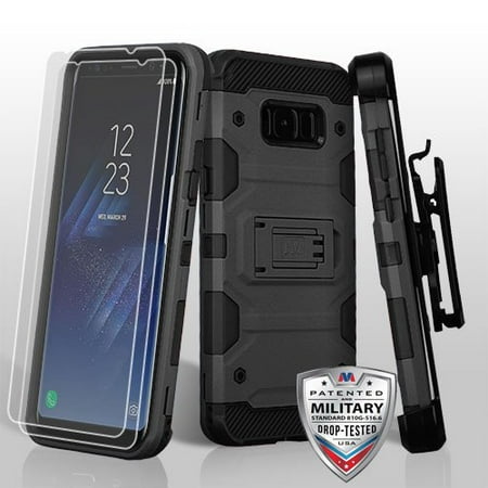 Twin Phone - Samsung Galaxy S8+, S8 Plus Case - Wydan Heavy Duty Shockproof Kickstand Holster Combo 3-in-1 Phone Cover w/ Twin Pack of Screen Protectors Black on Black