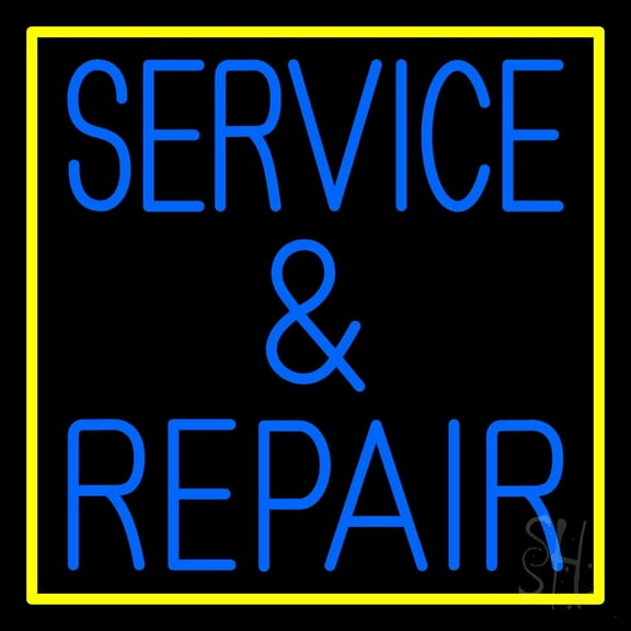 Blue Service And Repair Yellow Border LED Neon Sign 24 x 24 - inches, Clear Edge Cut Acrylic Backing, with Dimmer - Bright and Premium built indoor LED Neon Sign for automotive store, and mall.
