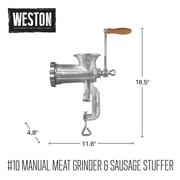 Weston #10 Manual Tinned Meat Grinder and Sausage Stuffer, 4.5mm & 10mm plates, and 3 sausage funnels, Silver