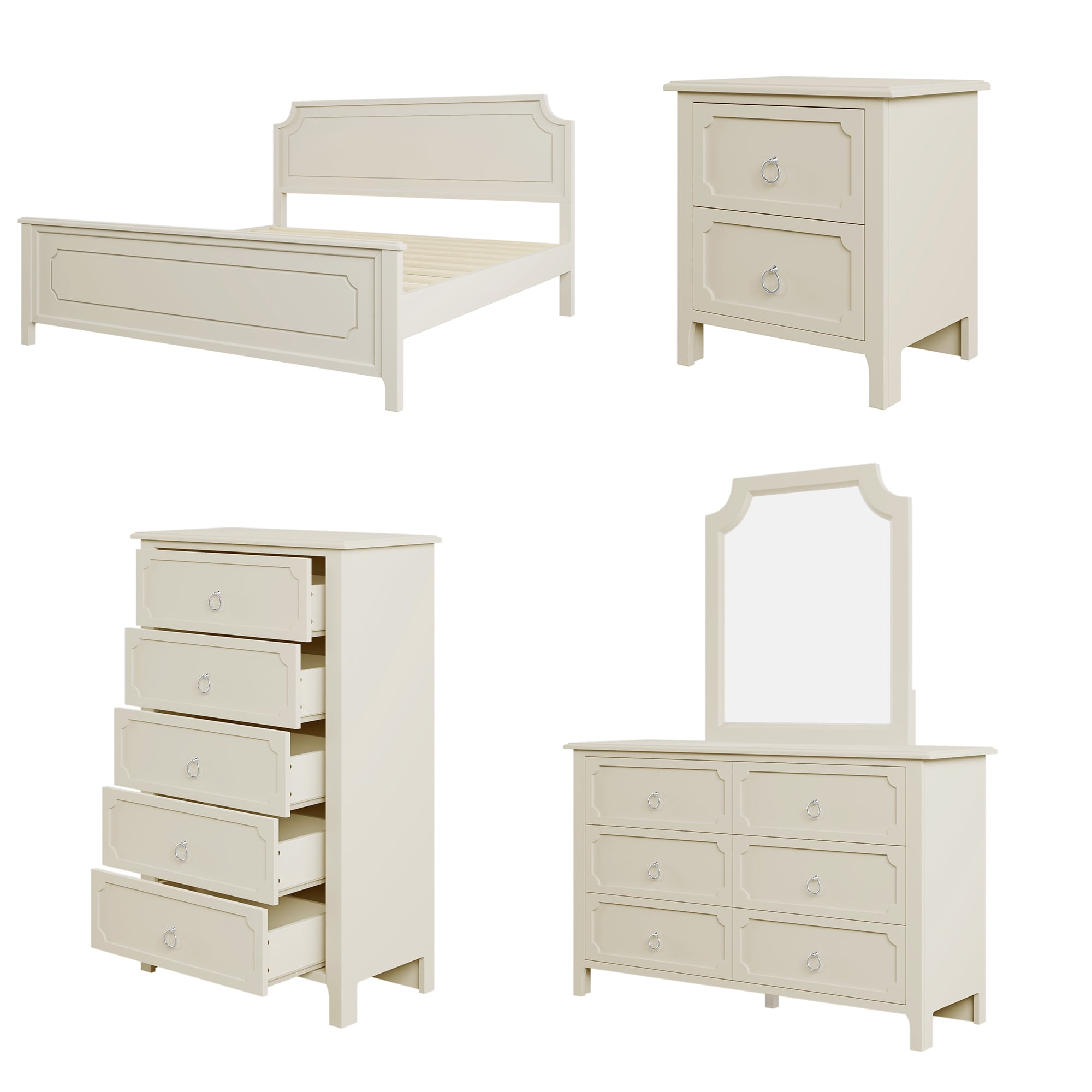 Resenkos 6 Pieces Solid Wood Bedroom Furniture Set King Size Platform Bed, Set of 2 Nightstand Chest, Mirror and Dresser Milky White Resenkos 6 Pieces Solid Wood Bedroom Furniture Set King Size Platform Bed, Set of 2 Nightstand Chest, Mirror and Dresser Milky White