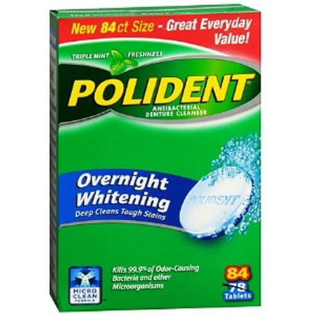 Polident Overnight Whitening, Antibacterial Denture Cleanser, Triple Mint Freshness 84 ea (Pack of 2)