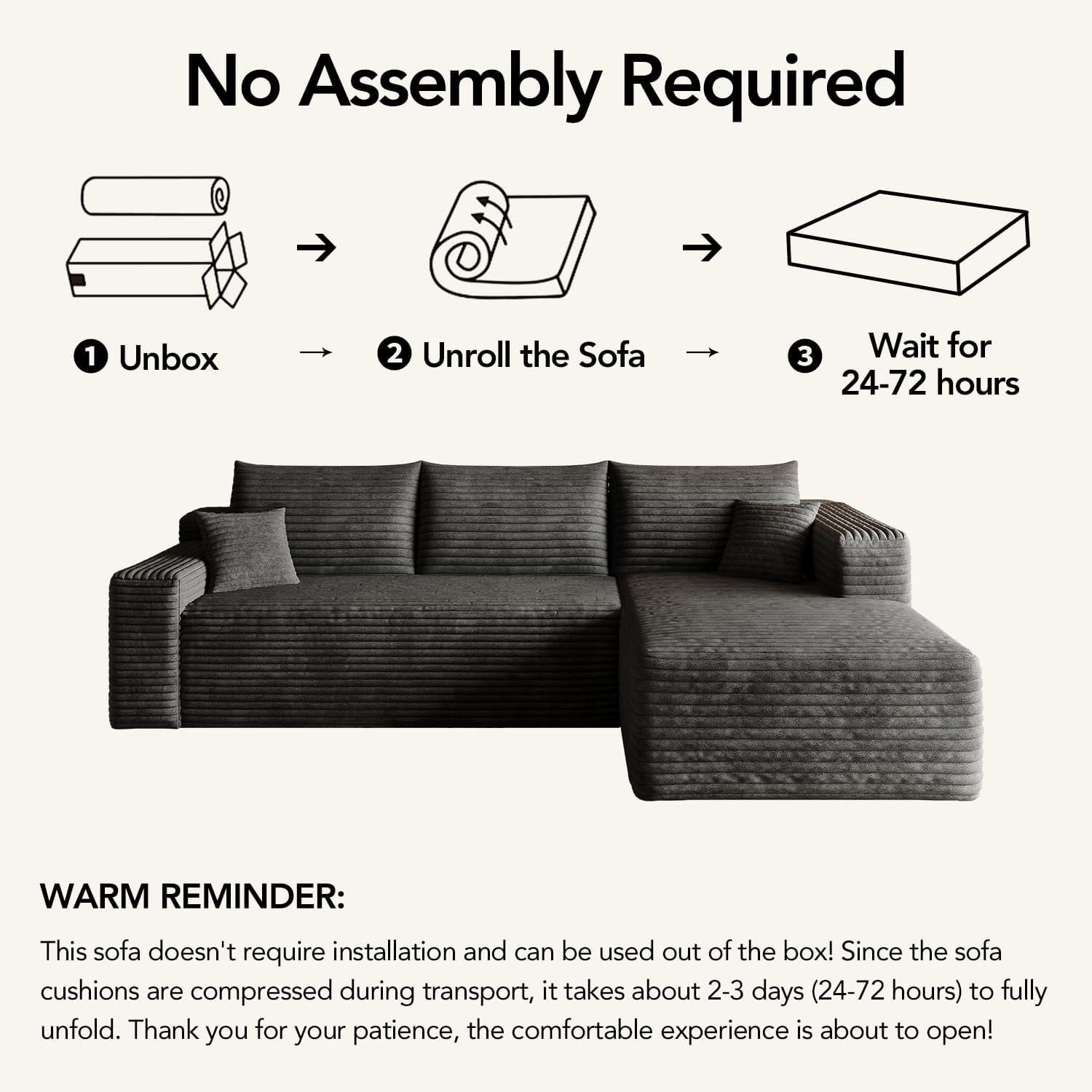 103" Cloud Sectional Sofa, Modern L Shaped Deep Seat Couch, Plush Corduroy Upholstered Sofa No Assembly, Living Room