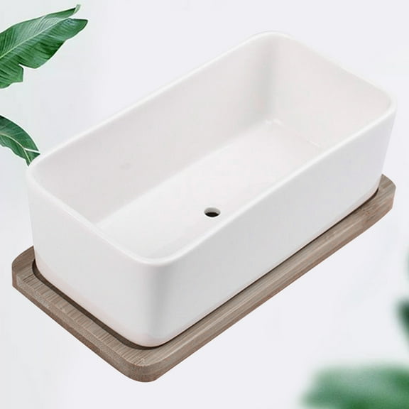 OUNONA Ceramic Planter Set with Tray, White Bonsai Pot for Indoor Garden and Home Decor