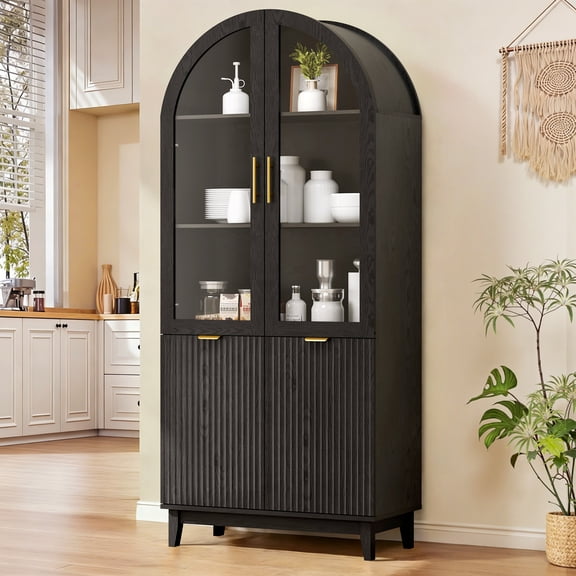 PamapicLife 71" Tall Arched Curio Cabinet with Glass Doors, Fluted Wood Storage Pantry Cabinet with Adjustable Shelves for Dining & Living Room, Black